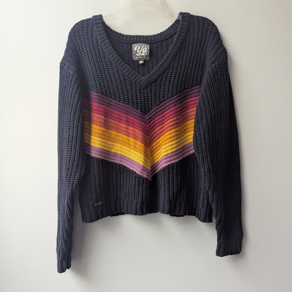 Yo Colorado Sweater Navy Blue Chevron Stripe V-Neck Knit Sz S Retro Colorful